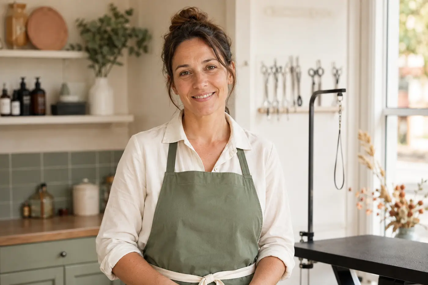 Camille, toiletteuse professionnelle, dans son salon