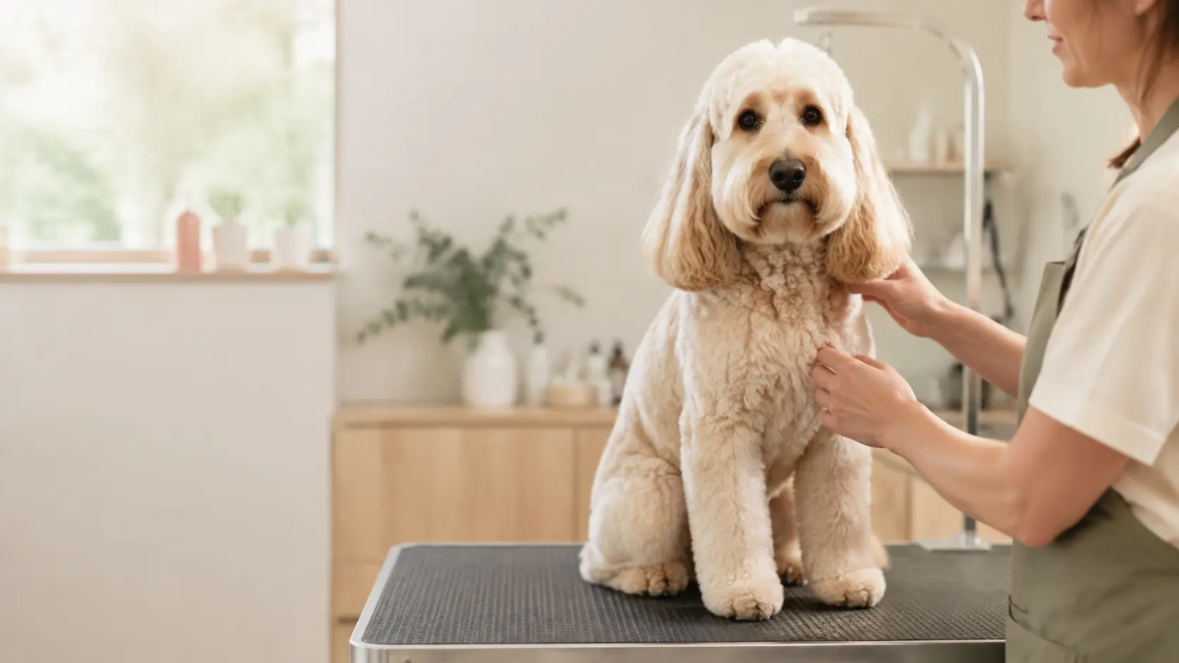 Chien calme accompagné par une toiletteuse dans un salon lumineux
