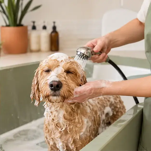 Un chien rincé pendant son bain au salon