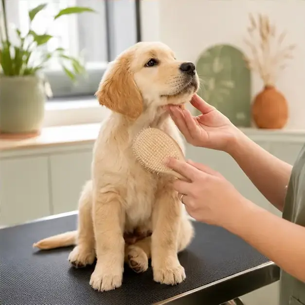 Un chiot accompagné avec douceur pendant sa découverte du salon