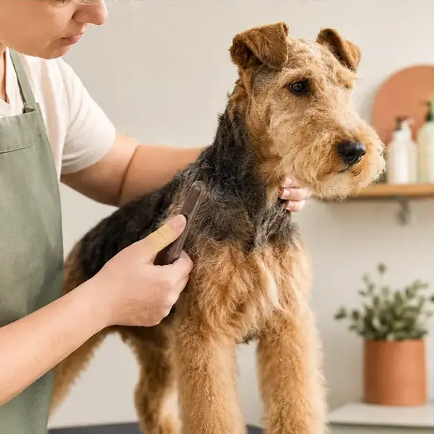Un chien à poil dur pendant l’entretien de son pelage