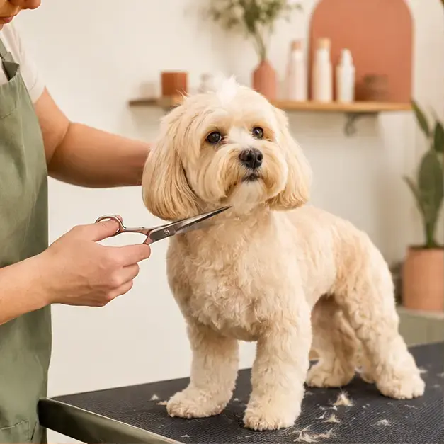 Un petit chien pendant une coupe aux ciseaux